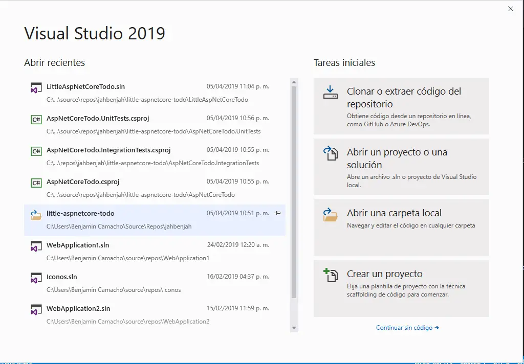 Ventana de inicio Visual Studio 2019