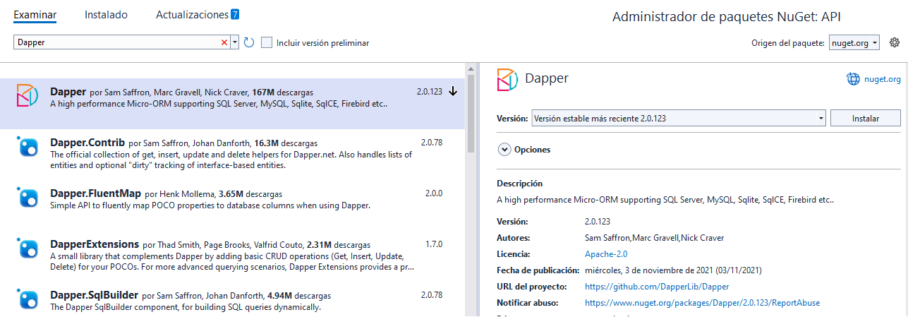 Captura de pantalla la instalación de Dapper en Visual Studio 2022