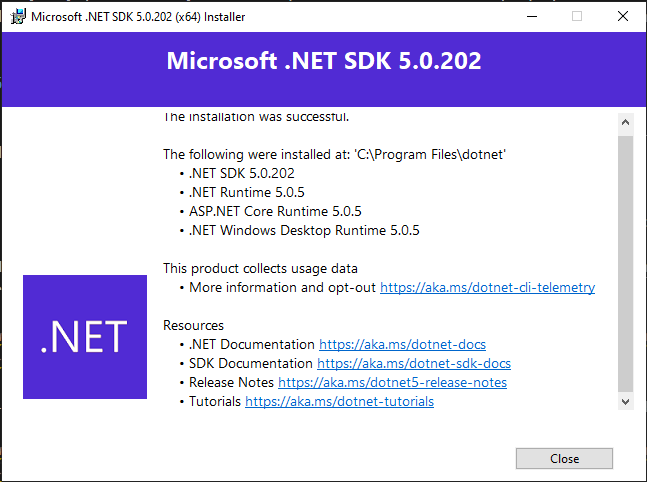 Captura de pantalla del Instalador de .NET 5 en Windows 10.