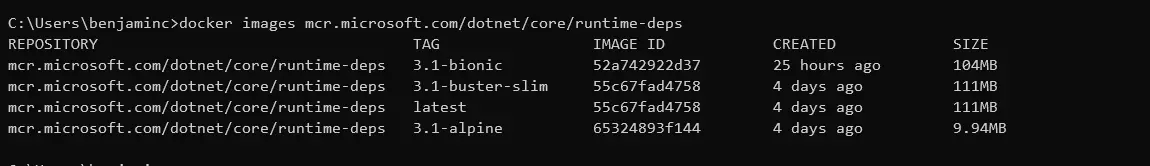 Peso de las imagenes de Docker para el motor de tiempo de ejecución de .NET Core