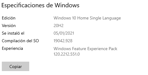 Captura de pantalla del Especificaciones de Windows para verificar la versión de Windows 10.