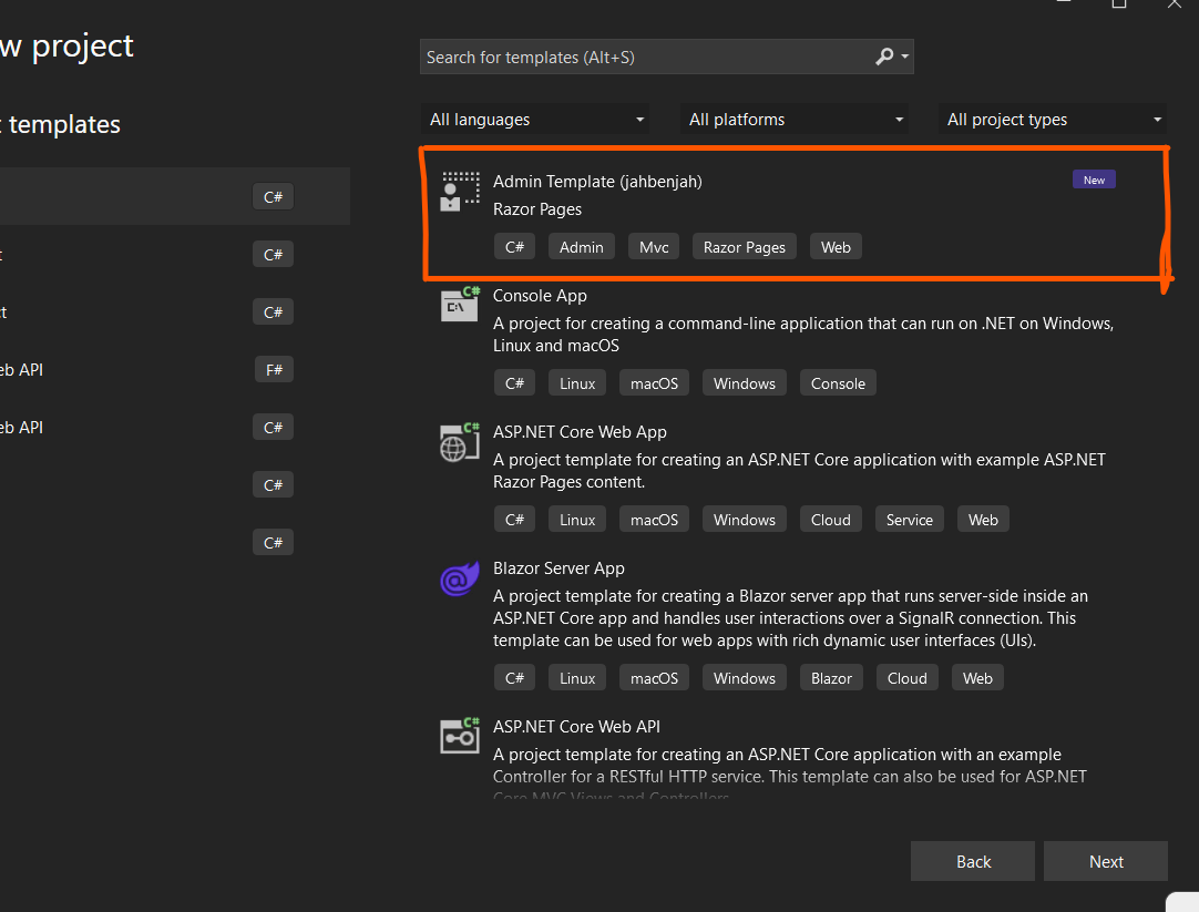 Captura de pantalla Visual Studio para crear un nuevo proyecto