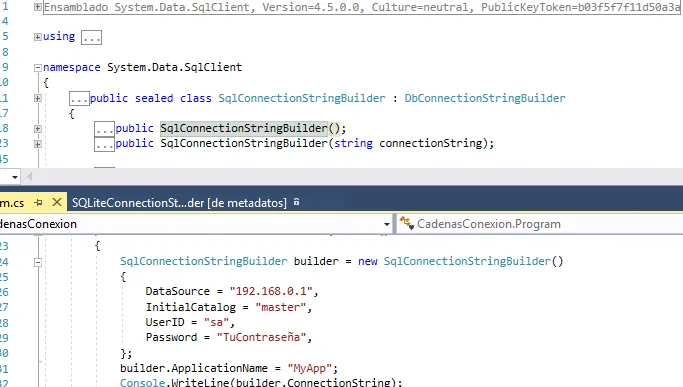Pantalla de Visual Studio que muestra la definicion de la clase SqlConnectionStringBuilder