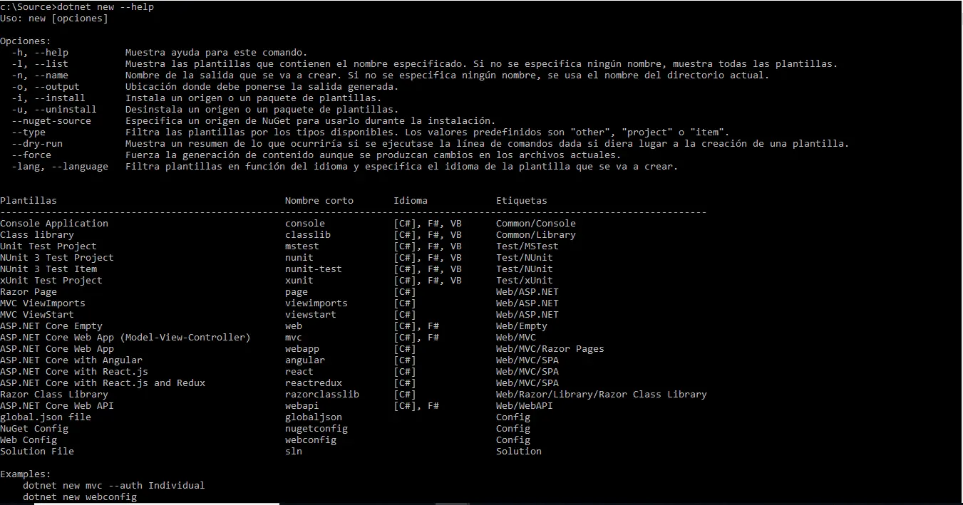 Captura de pantalla del comando dotnet new --help