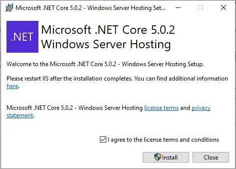 terminos y condiciones del Hosting Bundle de ASP.NET Core