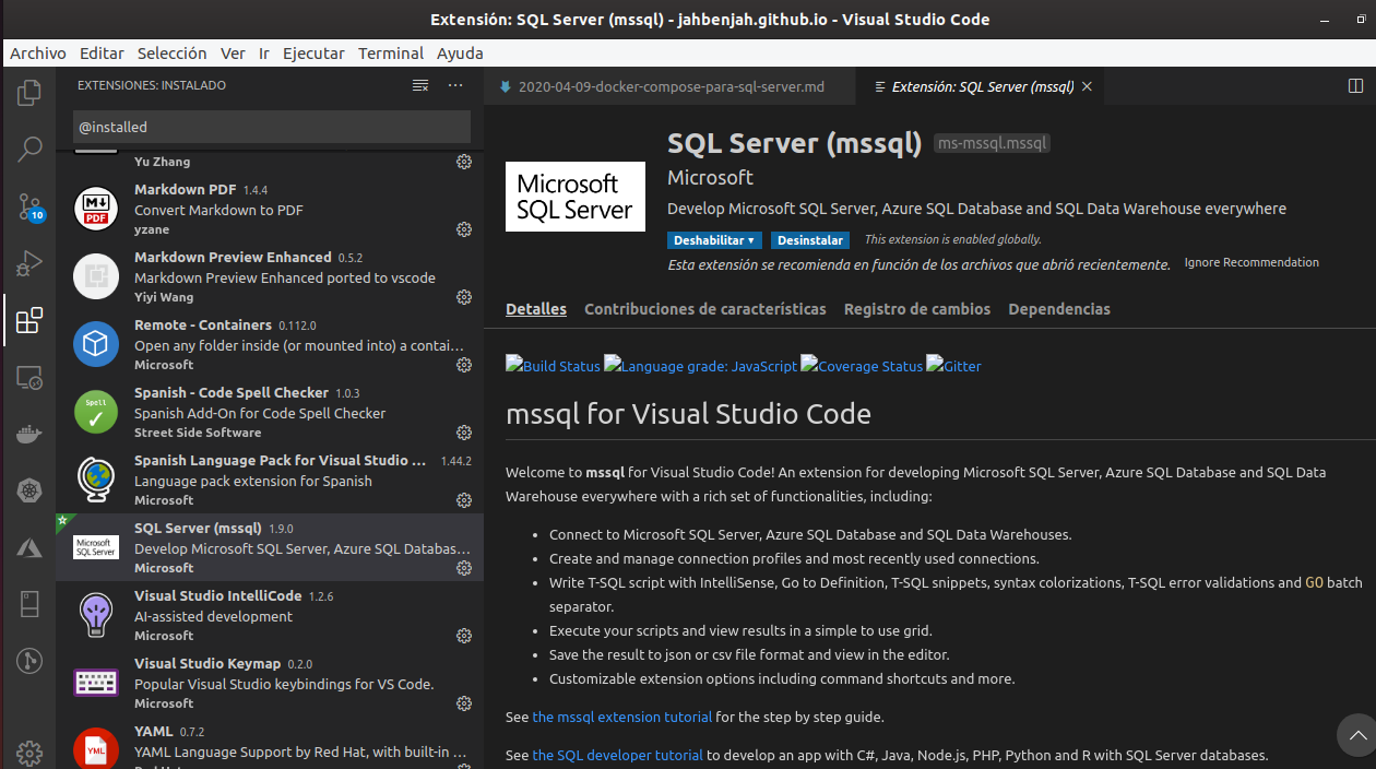 Captura de pantalla de la extensión de SQL Server para Visual Studio Code
