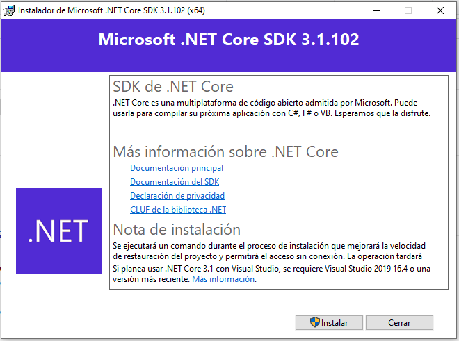 Pantalla del instalador del SDK de .NET Core
